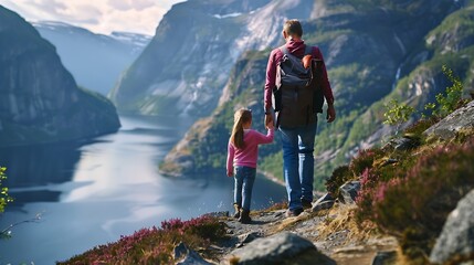 Obraz premium Father and child hiking in Norway traveling together summer vacations adventure trip healthy lifestyle outdoor active dad and daughter kid with backpack enjoying sunset fjord and mount : Generative AI