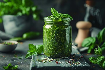 glass jar with pesto sauce