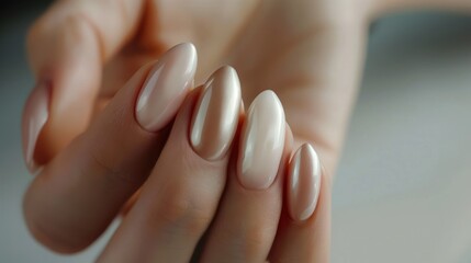 A hand with long, shiny nails. The nails are painted in a gold color.