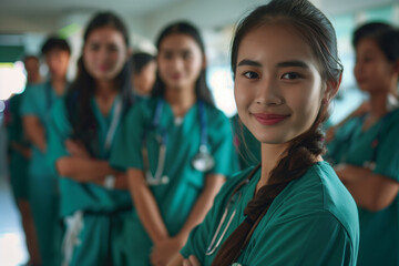 Portrait of young Philippino nurse or a doctor intern with colleagues. High quality photo