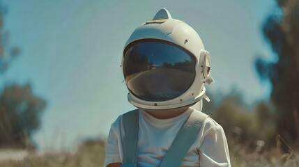 Fototapeta premium small child imagines himself to be an astronaut in an astronauts helmet : Generative AI