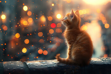 Ginger kitten sitting on a ledge, gazing at the city lights, perfect for themes of pets, wonder, and urban exploration.