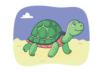 Obraz premium Cute cartoon turtle walking on sand under a blue sky