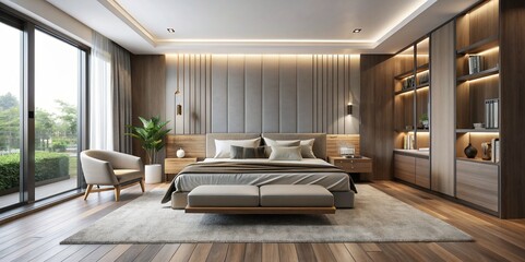 Modern Minimalist Bedroom Interior with Wooden Furnishings and Soft Lighting
