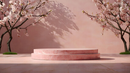 Obraz premium Soft pink marble podium with cherry blossom tree in backdrop for advertising and product presentations.
