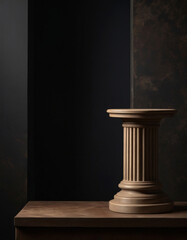 Beautiful sculpted pedestal for product display on wooden table with dark background