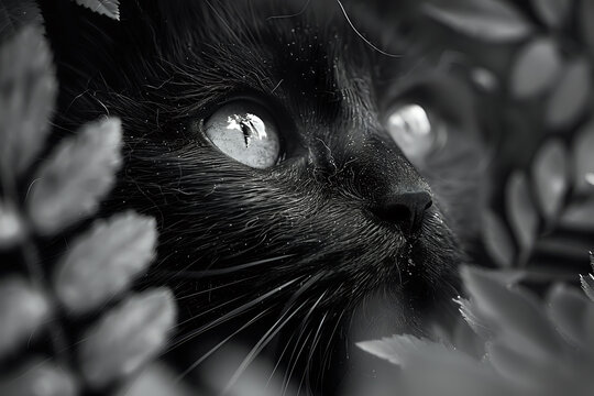 Black cat hidden among leaves, close-up portrait, ideal for mystery themes, pet-related content, or nature-focused designs.