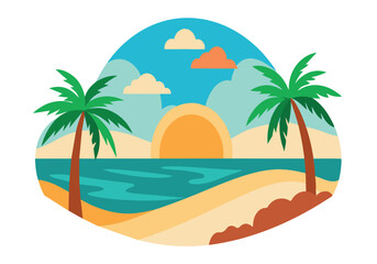 Fototapeta premium Scenic beach sunset with palm trees and ocean view illustration