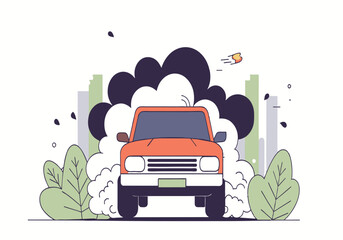 Illustration of red car emitting black smoke on a city background