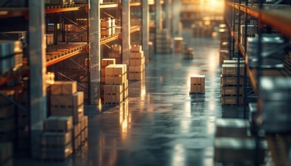 Obraz premium Sunlit warehouse aisle with stacked cardboard boxes on shelves and reflective polished floor in an organized storage facility.