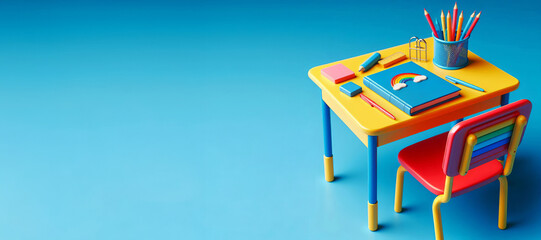Yellow desk set against blue background. Red chair , blue book, Educational or study environment with school