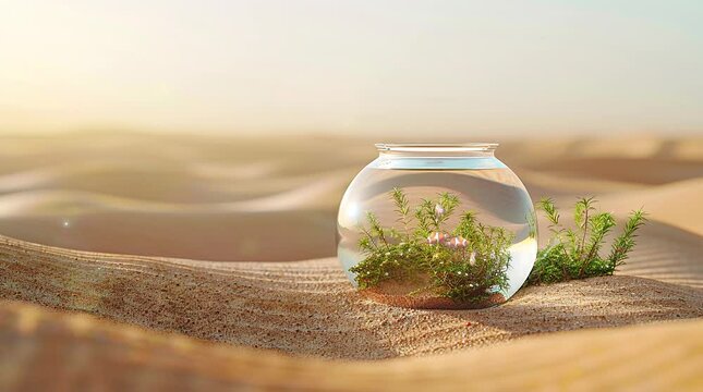 Aquarium jar placed in the desert, a surreal and contrasting visual concept
 Seamless looping 4k time-lapse virtual video animation background. Generated AI