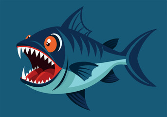 Cartoon aggressive fish with sharp teeth in blue ocean