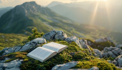 Open book lies on moss-covered rocks amidst stunning mountain scenery, capturing serene nature and the love for reading in the great outdoors.