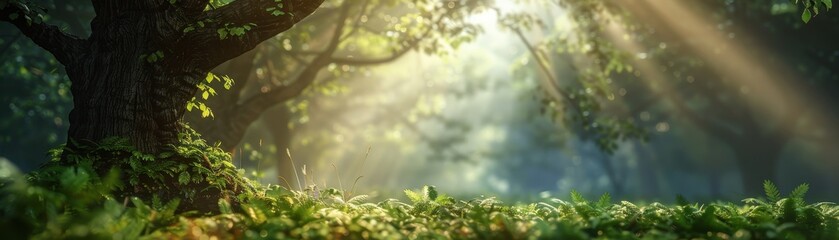Sunlight filtering through lush green forest trees, creating a magical and serene atmosphere with rays of light illuminating the foliage.