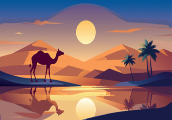 Camel in sunset desert landscape with reflection in water