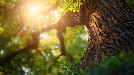 Sunlight filters through the lush leaves of a forest, casting a warm glow on the textured bark of an ancient tree.