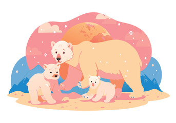 Illustration of a polar bear family in a snowy landscape