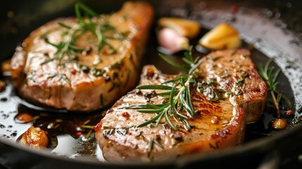 Pork steak cooked in a pan with rosemary and garlic