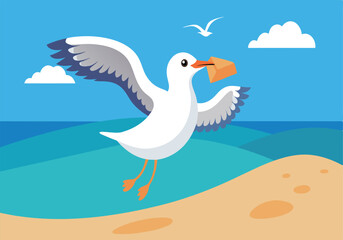 Obraz premium Cartoon seagull delivering a letter over the ocean beach