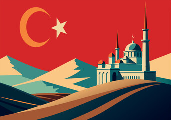 Fototapeta premium Illustration of Turkish flag and mosque with geometric mountains