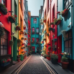 Naklejka premium Urban Oasis: Hidden Alleyway with Colorful Walls. Colorful Building Facades. generative AI