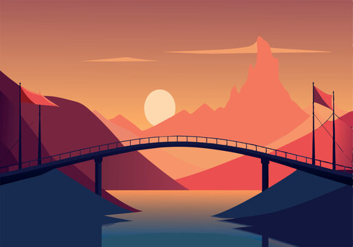 Peaceful sunset over a mountain bridge with calm waters