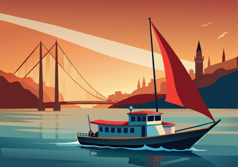 Naklejka premium Sailboat on serene water with scenic bridge and tower at sunset