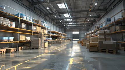 Fototapeta premium Warehouse interior with shelves, pallets, and boxes. Light modern warehouse logistics transportation distribution packaging centre interior