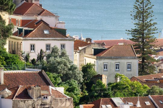 aerial view of picturesque houses and roofs of the old town district of Alfam in front of the Tagus river in lisbon