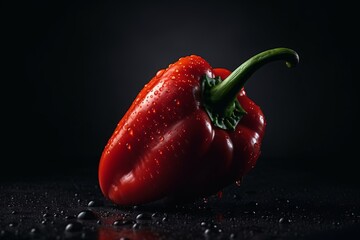 A vibrant red chili pepper covered in water droplets.