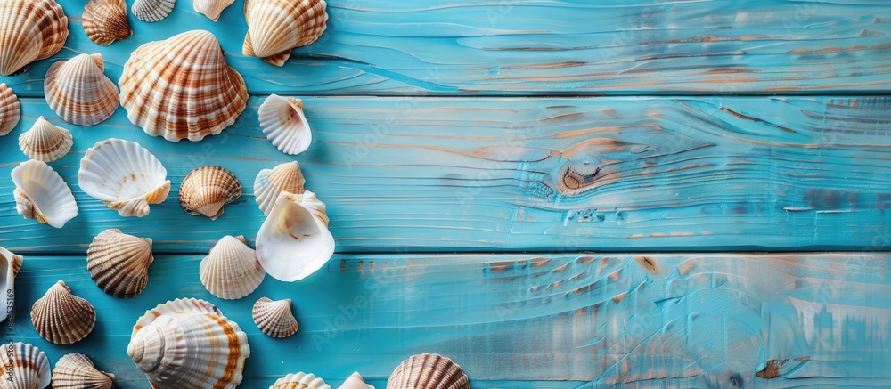 Wall mural Seashells against a backdrop of blue wood, with space for text. Embracing the essence of a summer getaway.