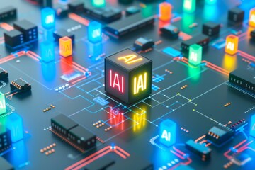 AI Interface on Digital Circuit Board with Technological Elements in Futuristic Design