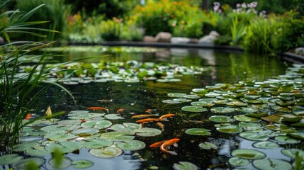 Fish pond at botanic garden on a summer day