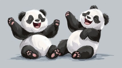 Two funny young giant pandas playing together and having fun among green trees. Cute happy panda bears. Amazing wild animals.
