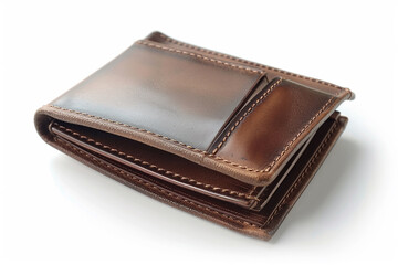 Leather Wallet with Cash and Cards: Brown Business Purse Isolated on White Background