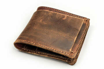 Leather Wallet with Cash and Cards: Brown Business Purse Isolated on White Background