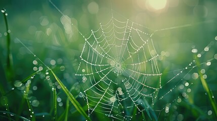 Raindrop covered spiderweb on grass with a backlight