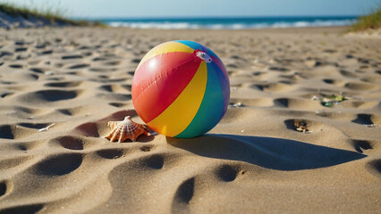 Obraz premium beach ball on the sandy beach with it being summer heat and sunny 