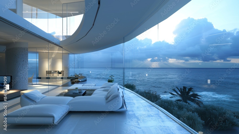 Wall mural A large open living room with a pool and ocean view - Wall murals