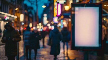 Obraz premium City lightbox advertising panel shining on a bustling street at night with pedestrians passing by