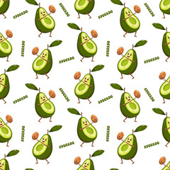 Children's cute background. Seamless pattern with avocado fruit on a white background. Cute avocado mom holding her seed. Vector illustration. Good for greeting cards, banners, textiles, gifts, t