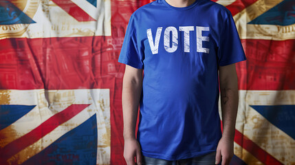 Fototapeta premium a person wearing a blue t-shirt with the word 