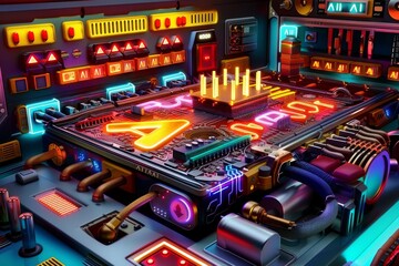 Futuristic AI Control Panel with Advanced Technology Elements and Glowing Lights