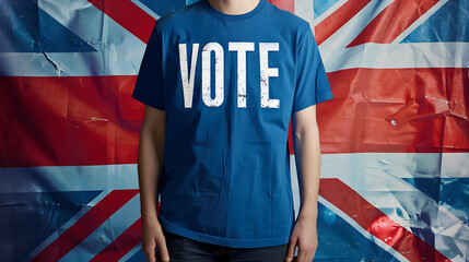 Fototapeta premium a person wearing a blue t-shirt with the word 