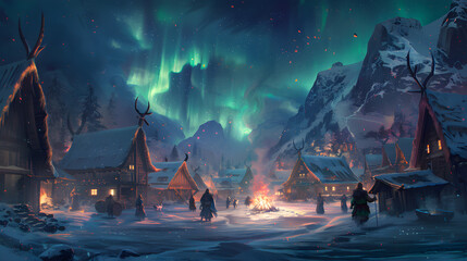 Aurora Borealis Over a Viking Village