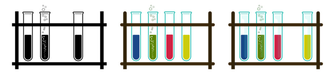 A set test tubes on a stand. Vector drawing. Black and white & color vector drawing in a minimalistic style. A concept for icons of a medical laboratory, analyses, and chemical experiments.