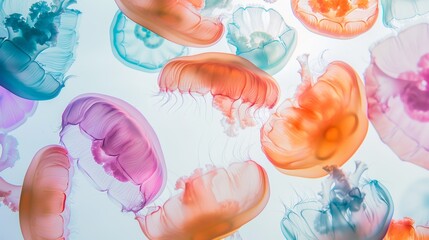 Colorful jellyfish gracefully swim in a vibrant aquarium, creating a serene underwater scene. Transparent and alien-like, they float peacefully, showcasing marine beauty