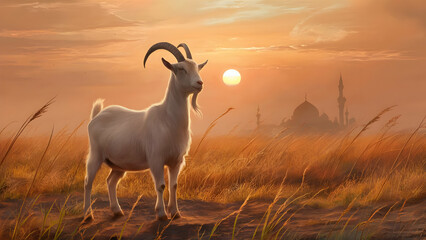 Obraz premium Golden hour magic savanna bathed in warm light goat grazes