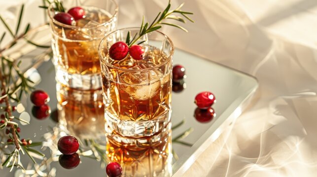Alcoholic beverage with absinthe cranberries rosemary and brown sugar displayed on a mirrored surface
